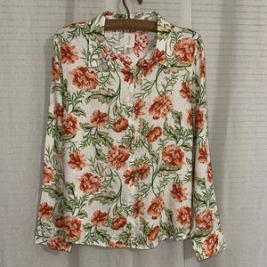 joie XL Ivory Orange Rust Green Floral long Sleeve Linen Button Down Shirt